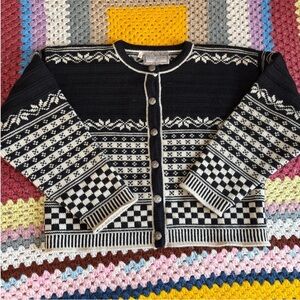 Norlander Knitwear Black and White Patterned 100% Wool Cardigan
